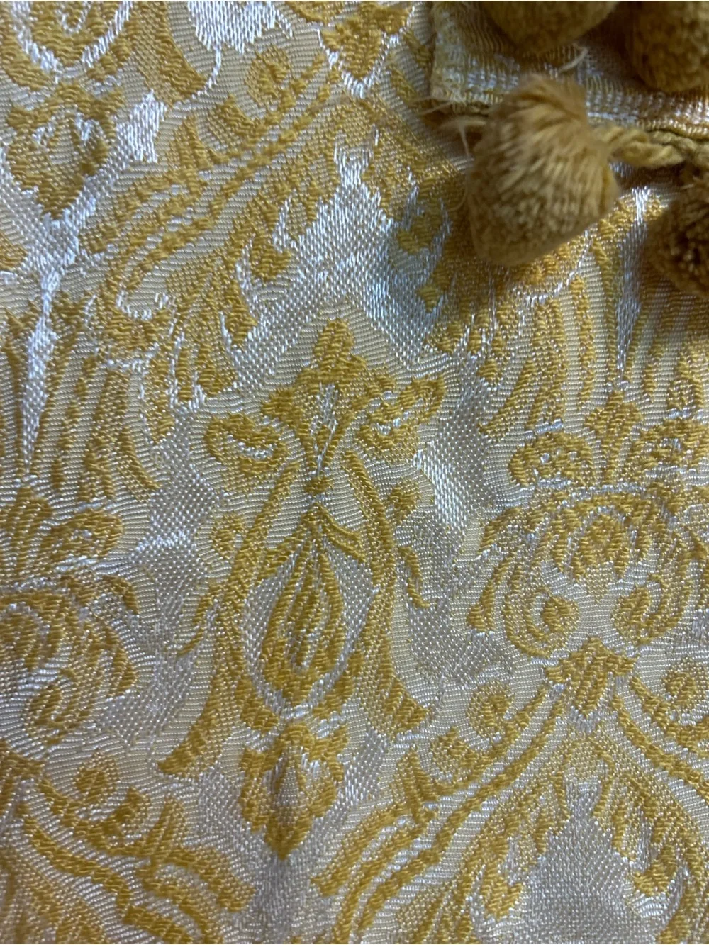 Vintage 5-Pc Yellow & Ivory Damask Curtain Set - 2 Panels, Valance, Tie-backs Po
